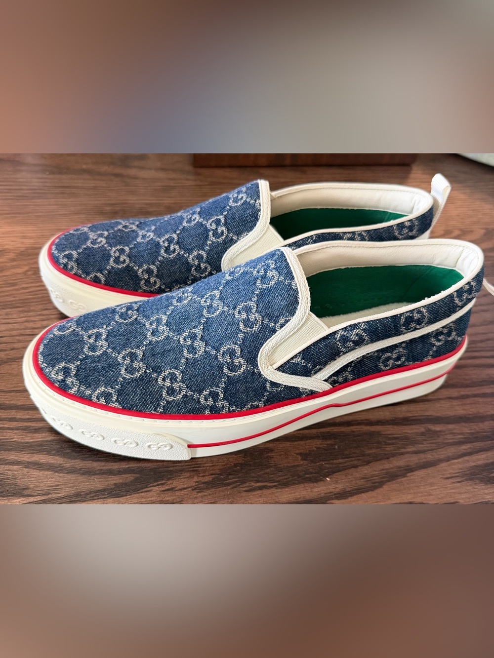 New! Gucci Blue GG Denim Tennis 1977 Slip On Sneakers Size 41